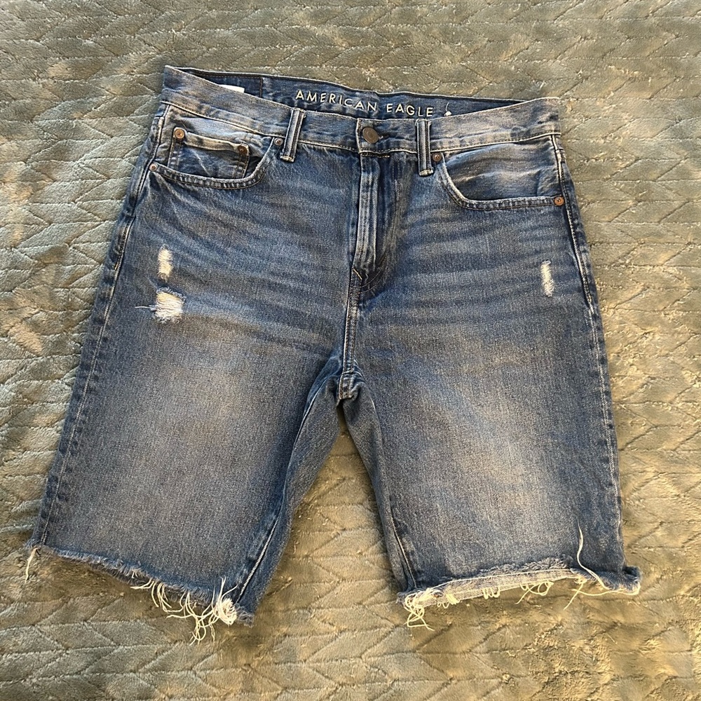 American Eagle Blue Denim Shorts with Distressed Detail